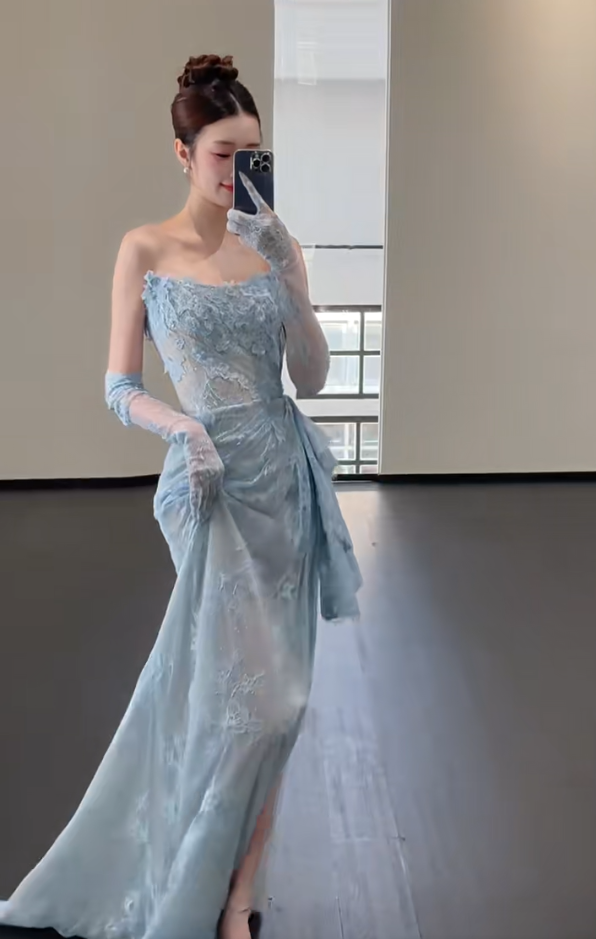 Blue Lace Mermaid Long Prom Dress Sexy Evening Dresses With Side Split fg7665