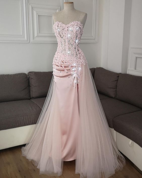 Pink Long Prom Dress With Slit Sleeveless Flower Formal Gown fg8196