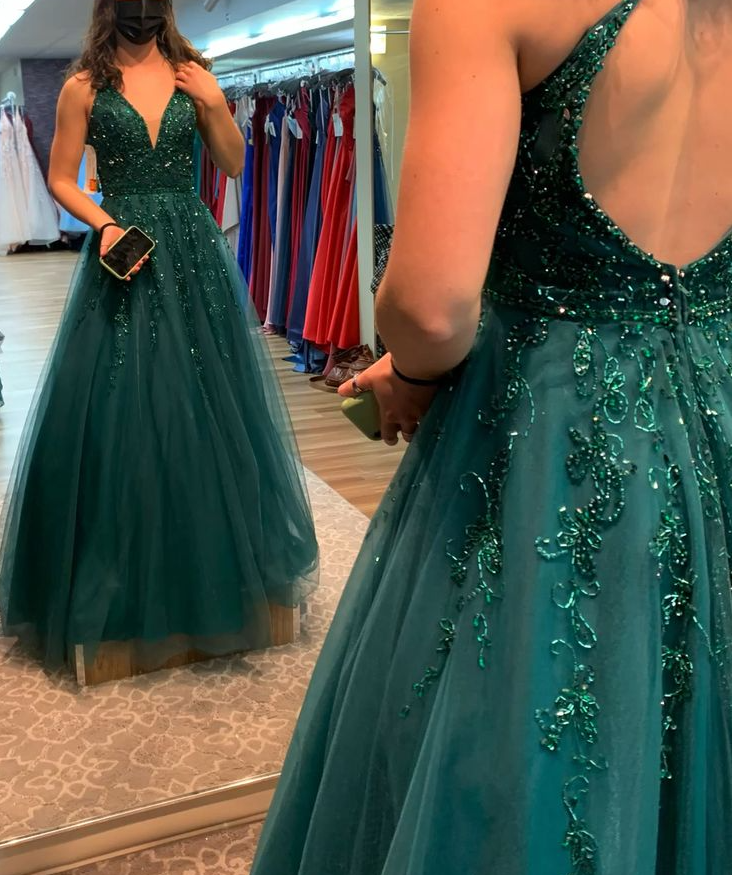 A-Line Green V Neck Beaded Tulle Long Prom Dress, Formal Dress fg6881