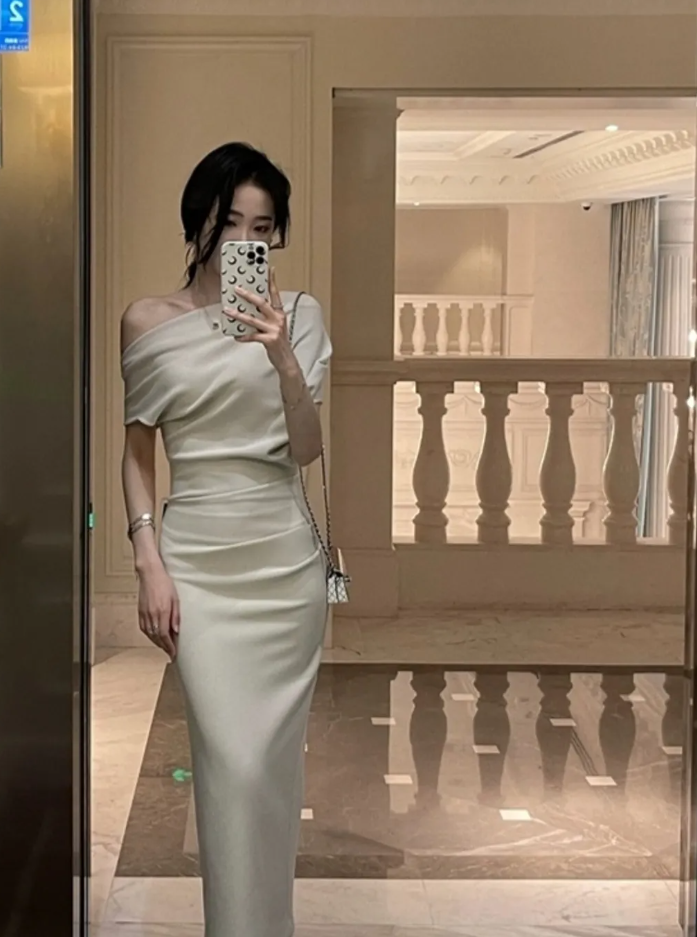 Asymmetric stretch pleated dress Women Evening dress fashion party dress fg6850