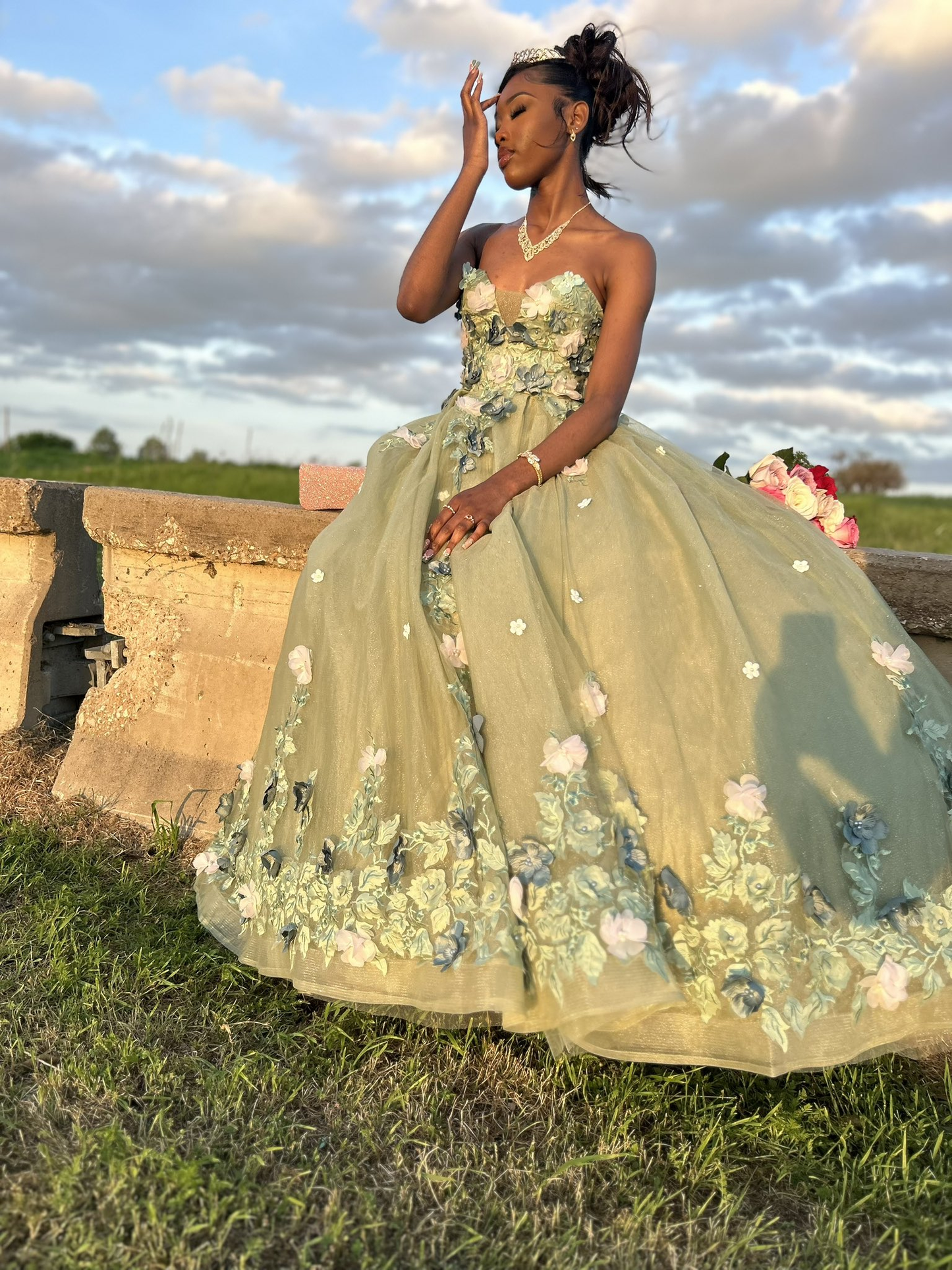 Strapless Green Quinceanera Dresses 3D Flower Applique Sweet 16 Dress Ball Gown fg6883