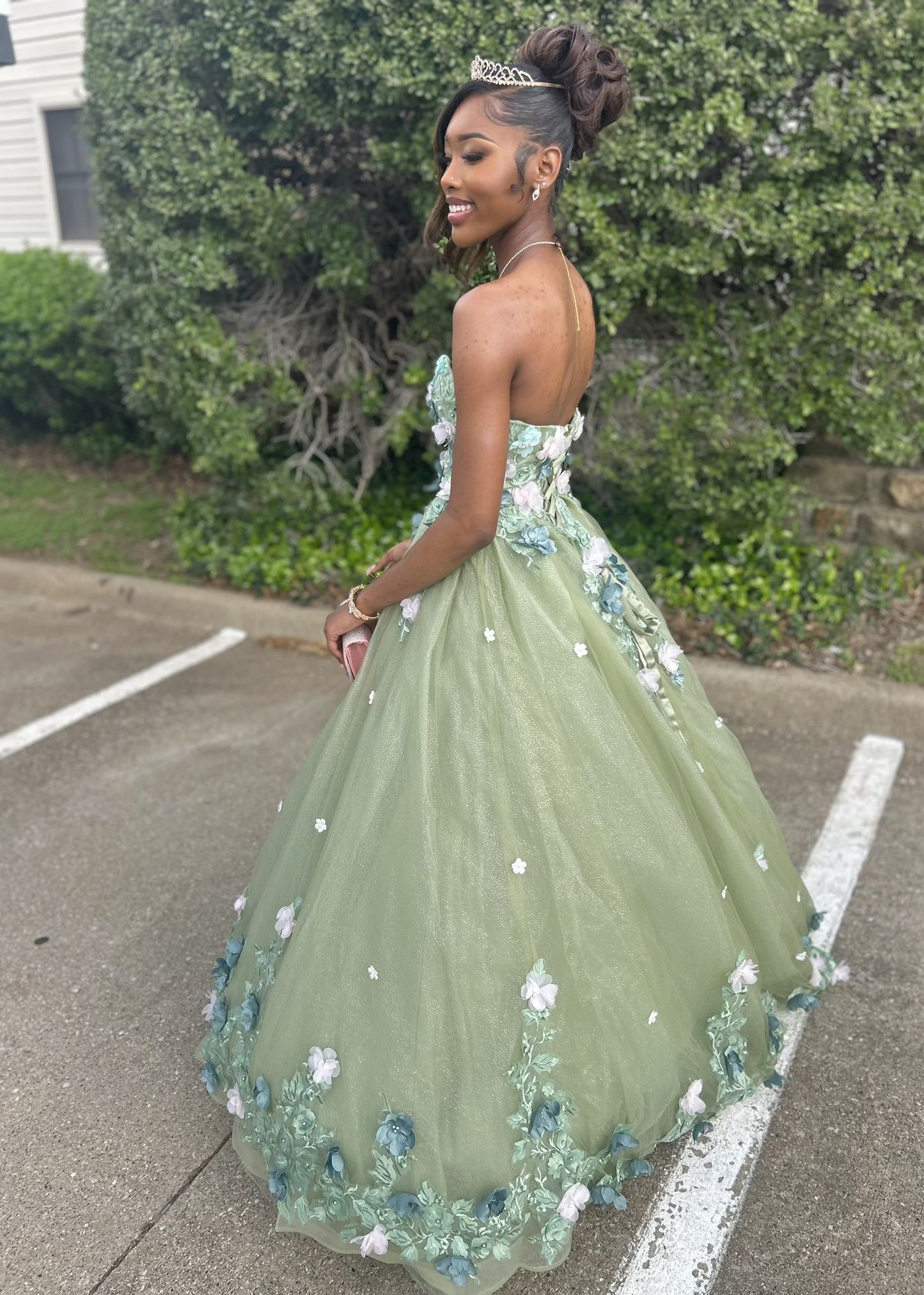 Strapless Green Quinceanera Dresses 3D Flower Applique Sweet 16 Dress Ball Gown fg6883