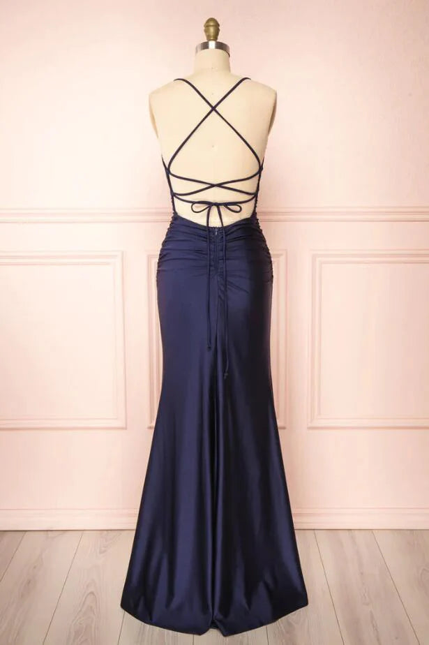Simple Sheath Prom Dress with Split,Dark Navy Graduation Dress fg4187