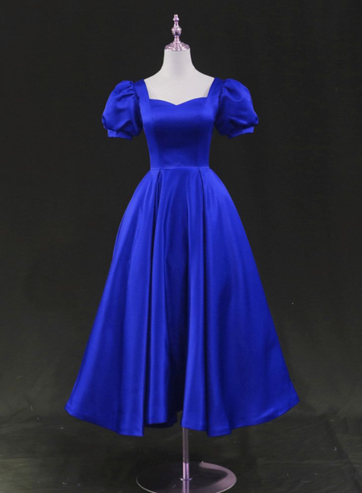 Satin Tea Length Wedding Party Dress, Blue Prom Homecoming Dress fg5230