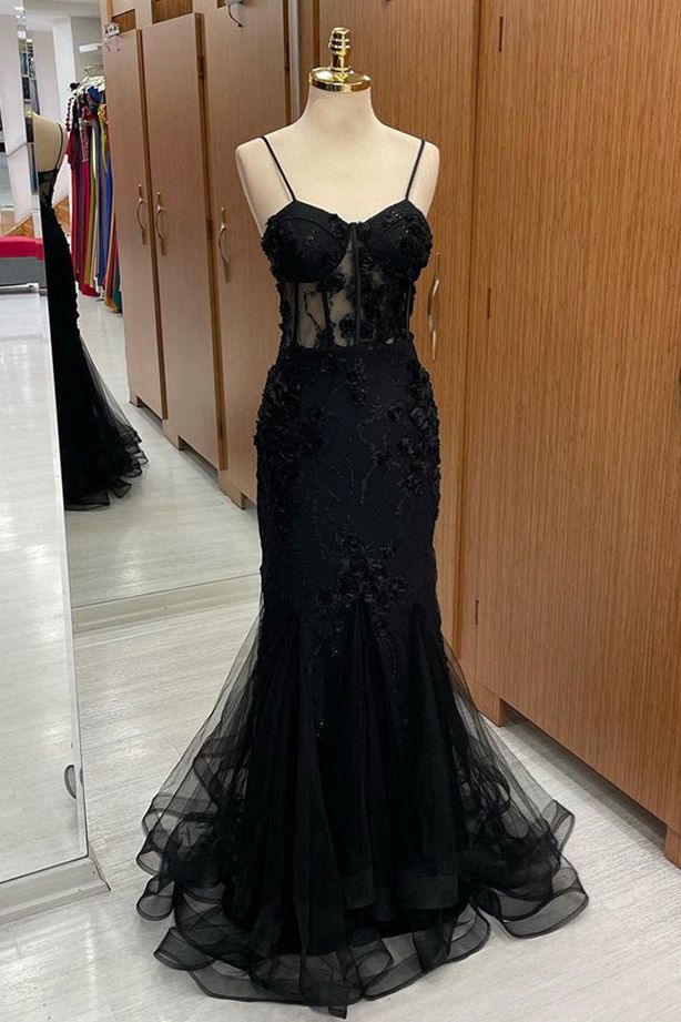 Sweetheart Straps Mermaid Appliques Tulle Long Prom Dress fg4716