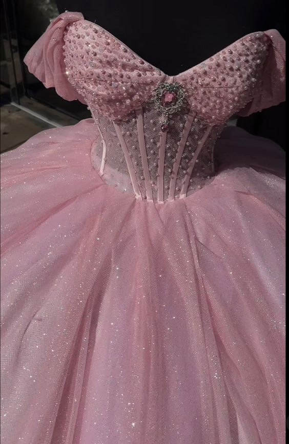 Glitter Pearls Pink Quinceanera Dresses Ball Gowns Sweet 15 16 Birthday Dress fg4882