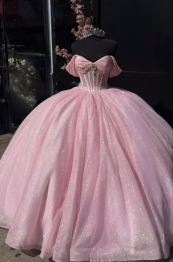 Glitter Pearls Pink Quinceanera Dresses Ball Gowns Sweet 15 16 Birthday Dress fg4882