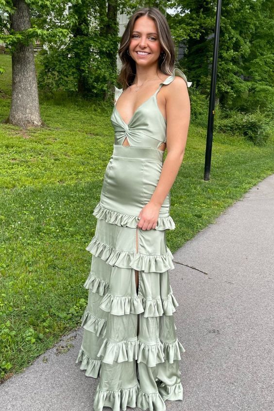 Sheath V Neck Sage Green Satin Long Prom Evening Dresses With Slit fg4993