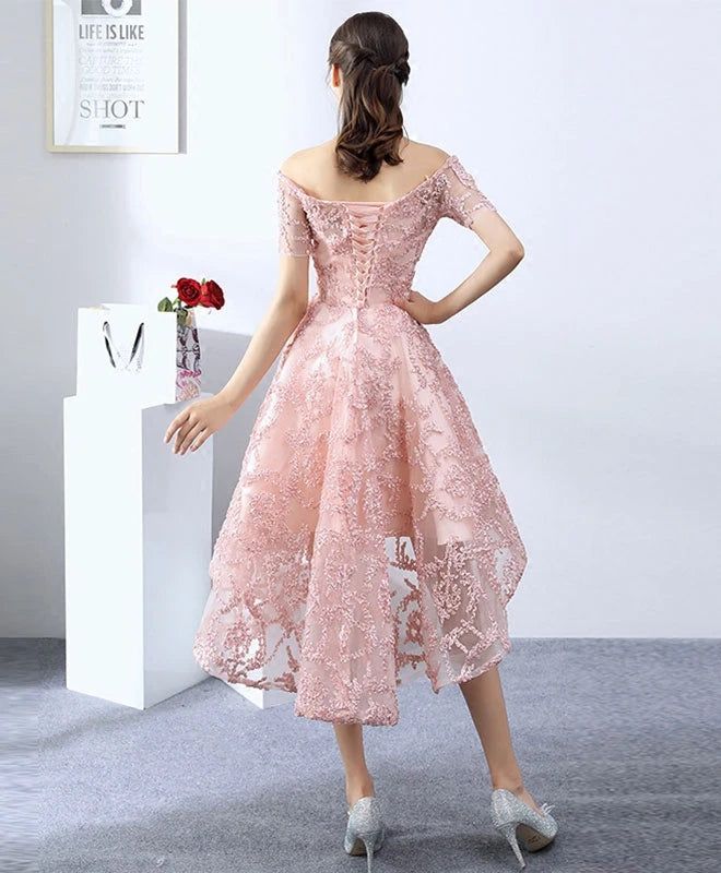 High Low Pink Lace Homecoming Dress Off The Shoulder Short Prom Dress fg5026