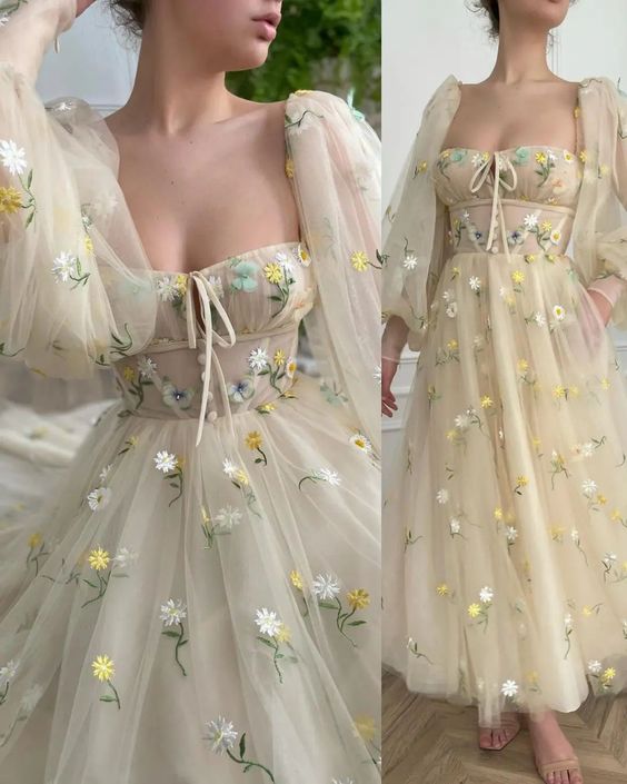 A-Line Tulle Long Sleeves Prom Dress, Evening Dress fg4427