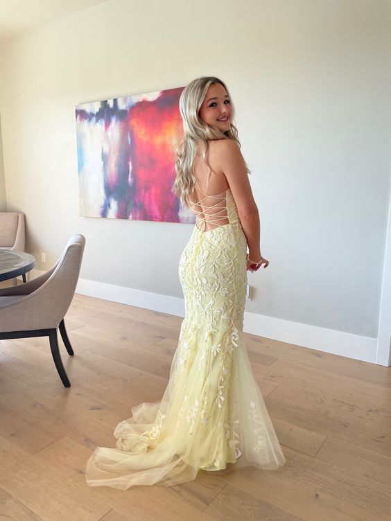 Elegant Yellow Backless Lace Prom Dress,Yellow Formal Gown fg4830