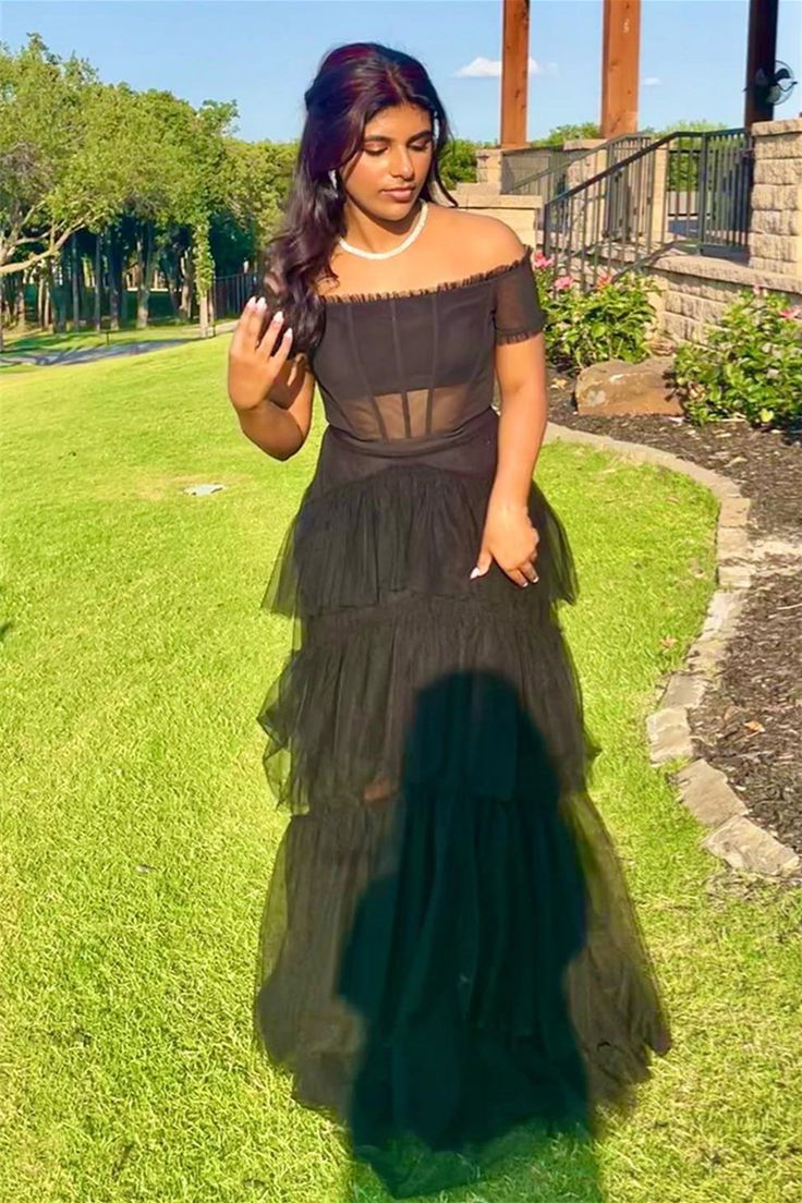 Off the Shoulder Tiered Tulle Lond Prom Dress fg4608