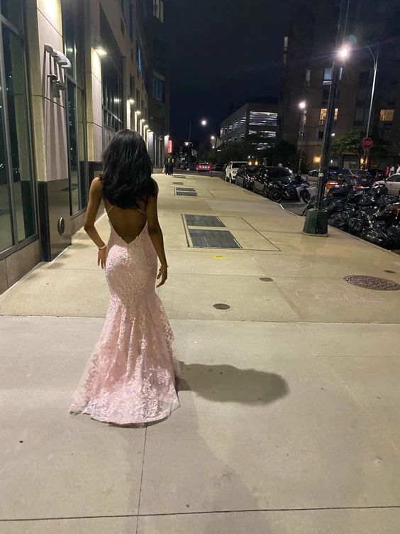 Sexy Mermaid Spaghetti Straps Sleeveless Lace Pink Prom Dress Birthday Outfit fg4746