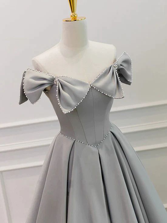 Grey Satin Beaded Long Party Dress with Bow, Grey A-line Prom Dress fg5362