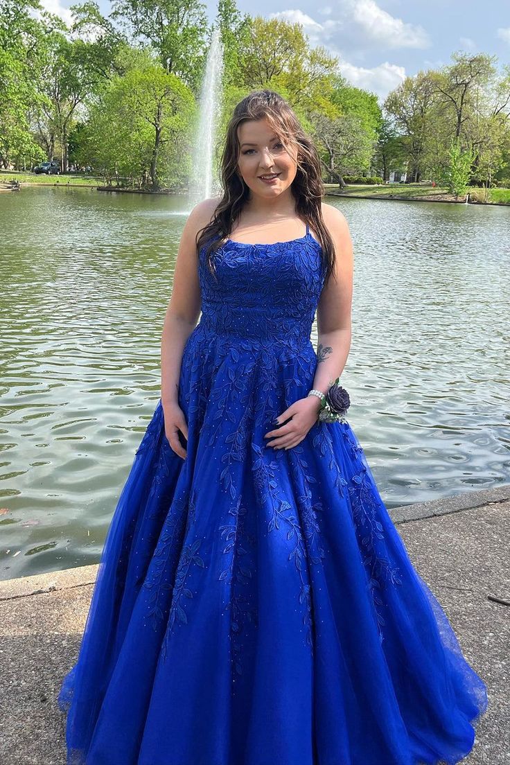 Royal Blue Lace Applique Prom Dresses A Line Long Evening Gown fg4902