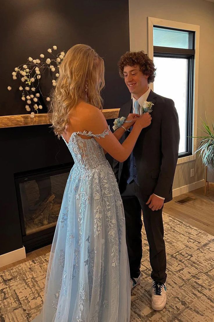 Cute A line Off the Shoulder Light Blue Long Prom Dresses with Appliques fg4740