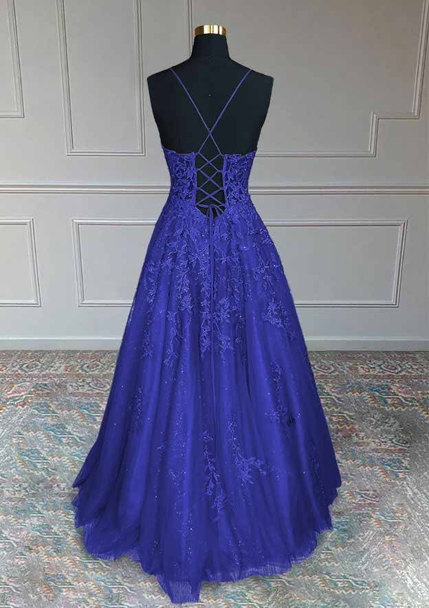 Royal Blue Prom Dresses, A-line V Neck Spaghetti Straps Long/Floor-Length Tulle Prom Dress With Appliqued Beading Glitter fg5413