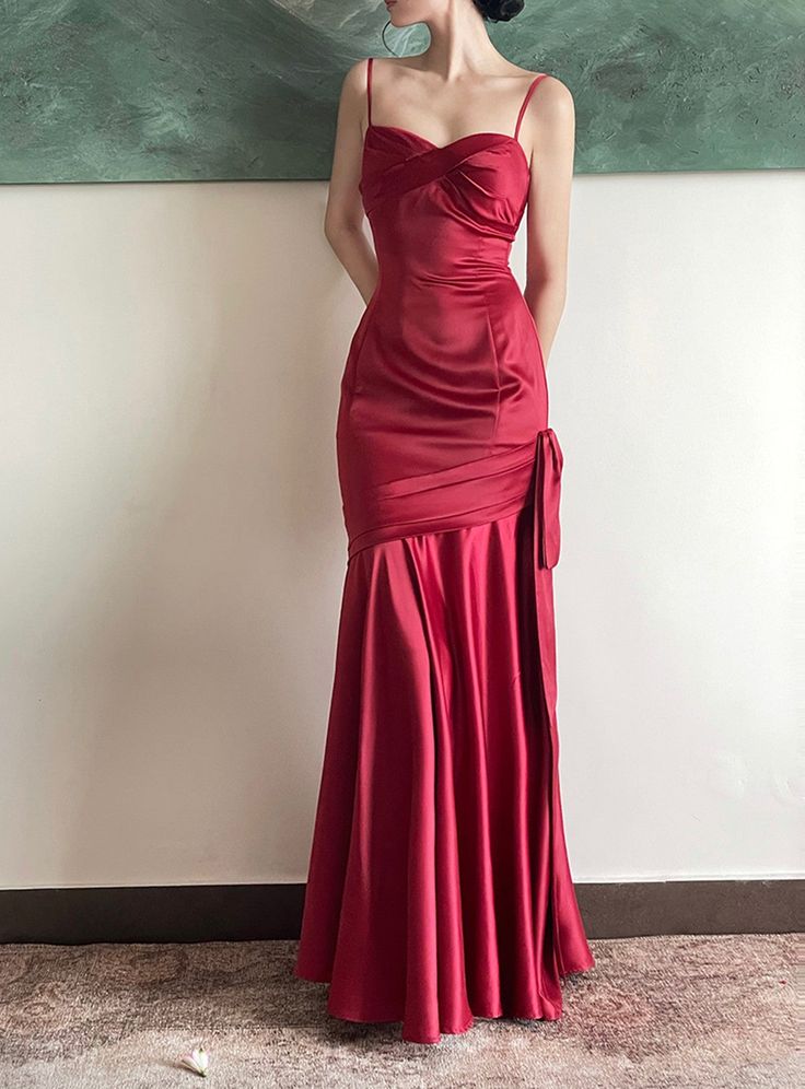 Burgundy Satin Sweetheart Straps Prom Dress, Burgundy Long Evening Dress fg4953