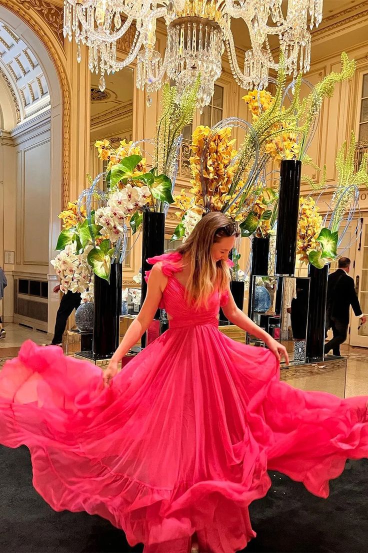 Ruffle Shoulder Plunging V Neck A-line Lace-Up Long Prom Dress fg4582