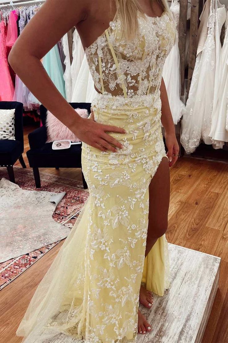 Yellow Floral Lace Backless Mermaid Long Prom Gown with Slit fg4829