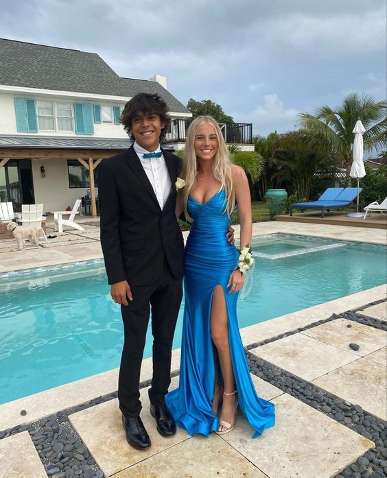 Elegant Blue V Neck Prom Dress With Split,Blue Formal Dress fg4529