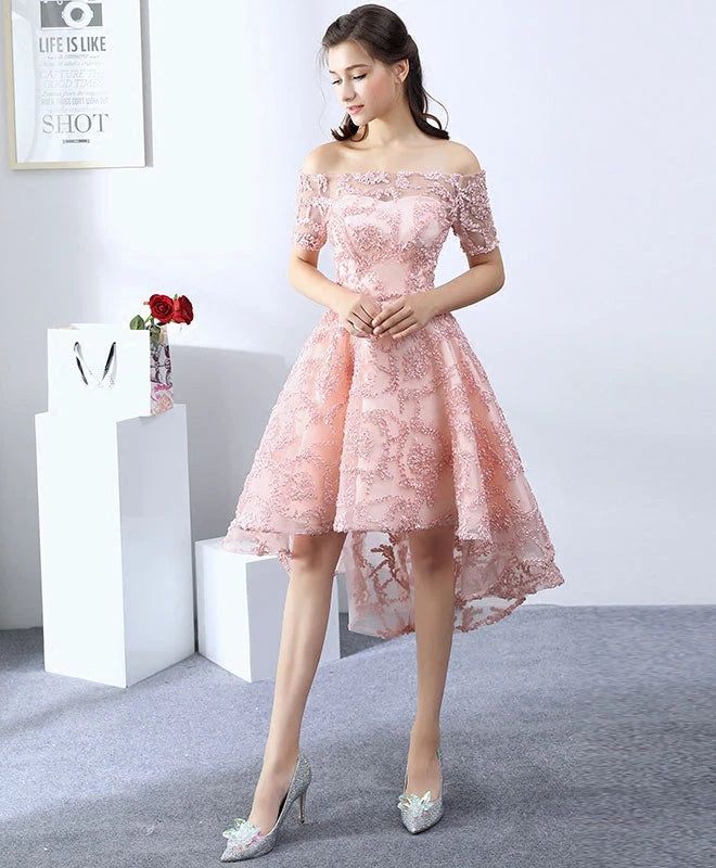 High Low Pink Lace Homecoming Dress Off The Shoulder Short Prom Dress fg5026