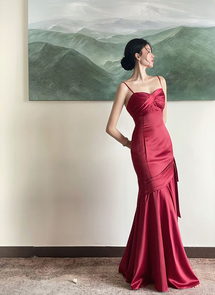 Burgundy Satin Sweetheart Straps Prom Dress, Burgundy Long Evening Dress fg4953