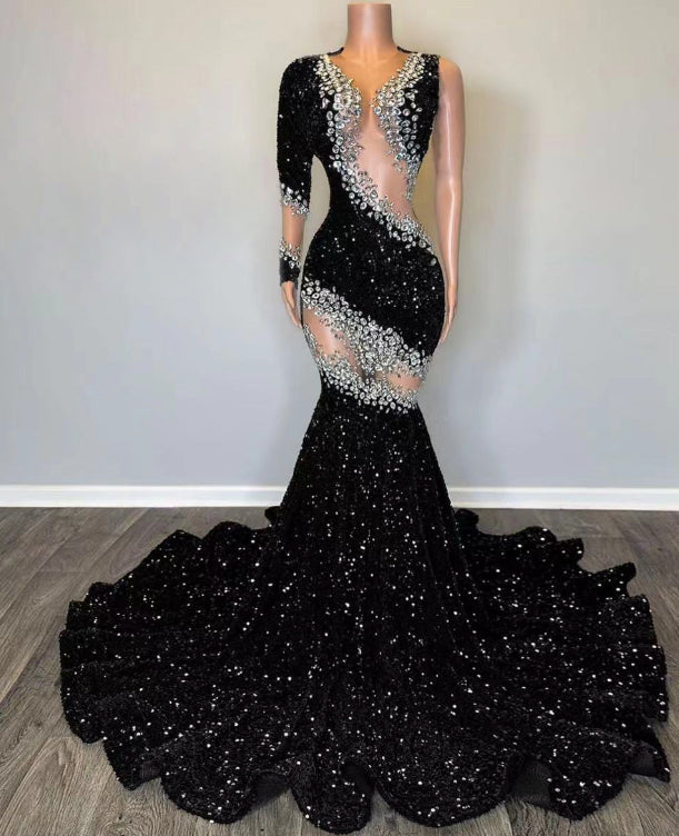 One Shoulder Prom Dresses, Diamond Prom Dresses, Black Sparkly Prom Dresses, Sequined Evening Dresses fg4383