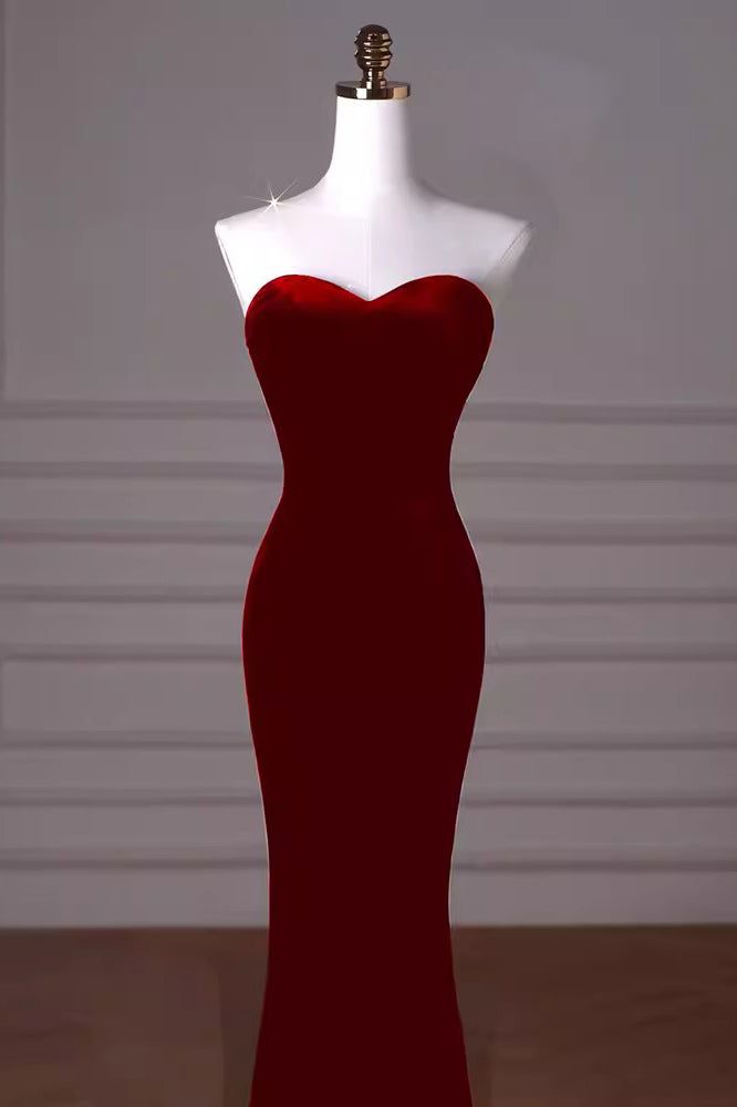 Burgundy Sweetheart Mermaid Velvet Prom Dress With Removable Sleeves fg5032