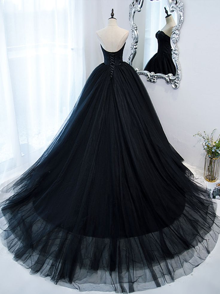 Black Sweetheart Neck Tulle Long Prom Dress, Black Formal Evening Dress fg5446