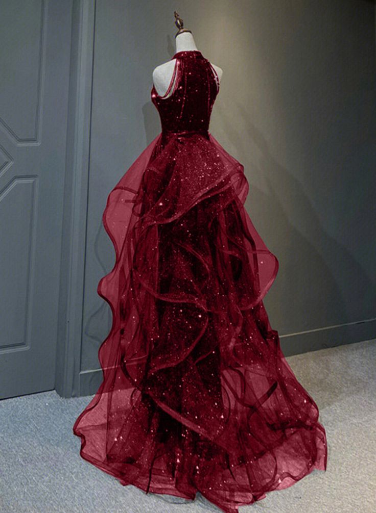 Wine Red Sequins and Tulle Halter Long Prom Dress, Wine Red Evening Dress fg4470
