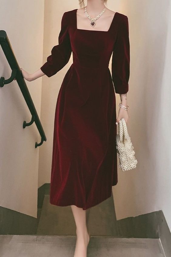Vintage Square Necking Tea Length Burgundy Velvet Prom Dresses fg4754