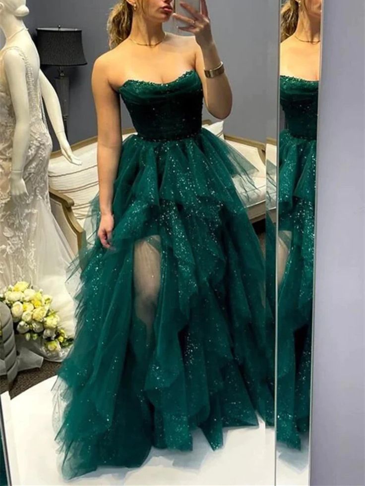 Shiny Strapless High Low Green Tulle Long Prom Dresses, Green Tulle High Low Formal Evening Dresses fg5186