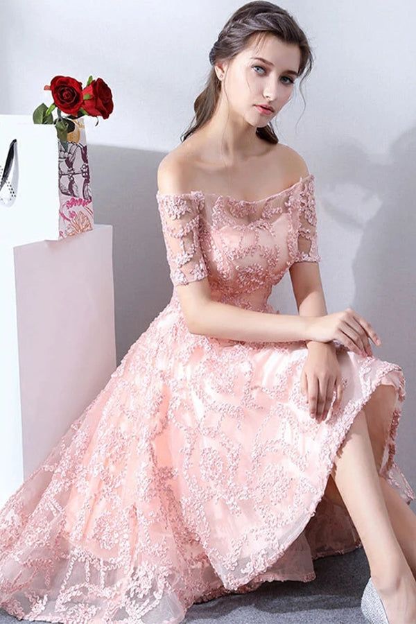 High Low Pink Lace Homecoming Dress Off The Shoulder Short Prom Dress fg5026