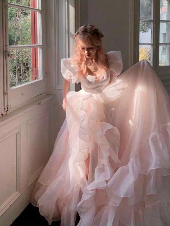 Pink A-Line Organza Long Prom Dress Engagement Dress with Puff Sleeves fg5426