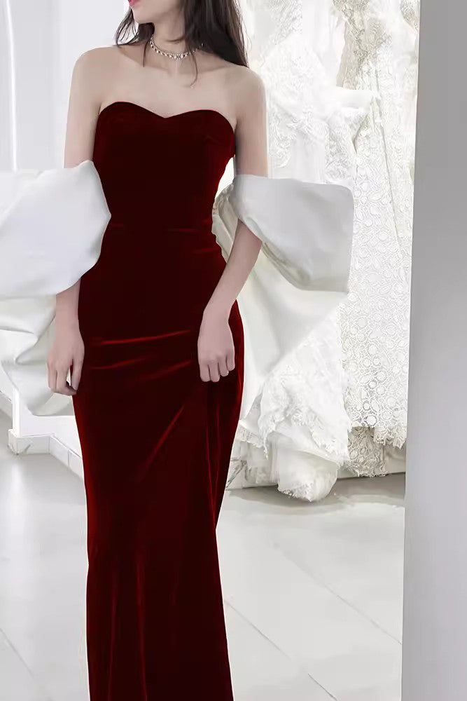 Burgundy Sweetheart Mermaid Velvet Prom Dress With Removable Sleeves fg5032