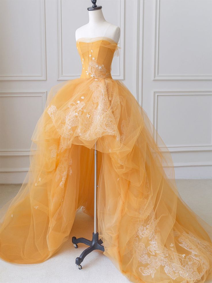Tulle Lace Long High Low Prom Dress, A-Line Strapless Evening Dress fg5247