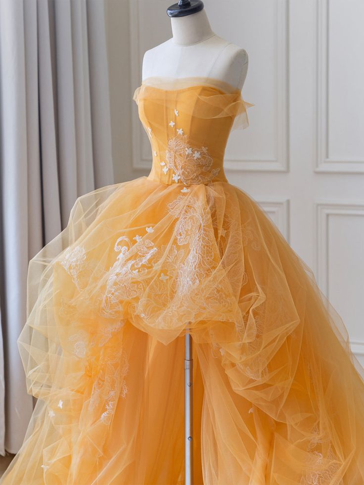 Tulle Lace Long High Low Prom Dress, A-Line Strapless Evening Dress fg5247