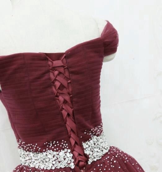 Burgundy Sequins Tulle Fashionable Tulle Long Party Dress, Off Shoulder Formal Dress fg4652