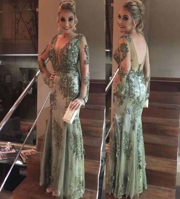 V Neck Mermaid Long Sleeves Prom Dresses with Appliques fg4783