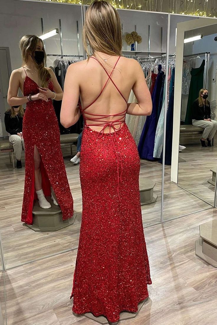 Burgundy Sequins V Neck Backless Mermaid Long Prom Dress with High Slit,Sequin Formal Graduation Evening Dresses fg4759