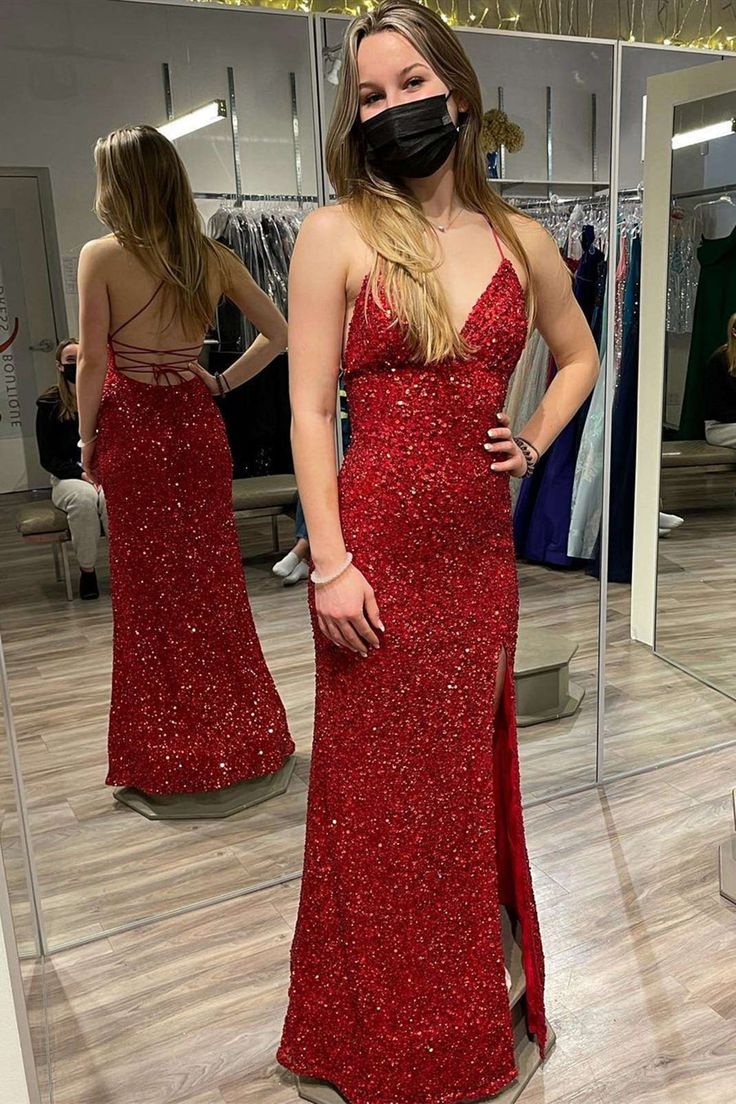 Burgundy Sequins V Neck Backless Mermaid Long Prom Dress with High Slit,Sequin Formal Graduation Evening Dresses fg4759