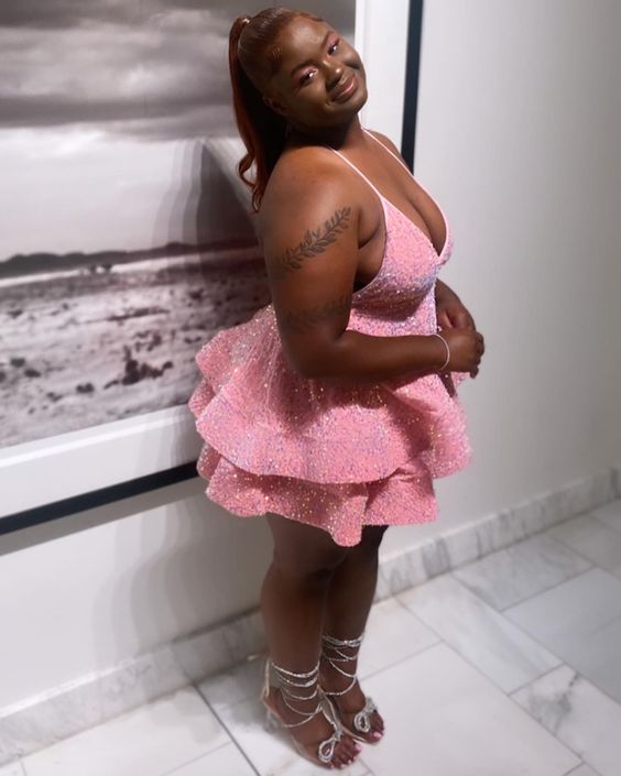 Pink Cocktail Dresses A-Line V-Neck Shiny Sequin Homecoming Dresses fg5291