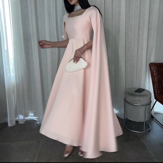 Elegant Long Pink Prom Dresses A Line Chiffon Cape Ankle Length Short Party Gown for Women fg4634