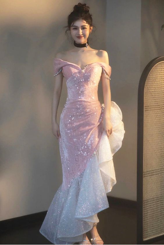Lovely Pink Sequins Velvet High Low Prom Dress, Pink Mermaid Off The Shoulder Party Dress fg4885