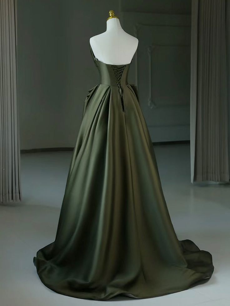 A-Line V Neck Satin Green Long Prom Dress, Green Long Evening Dress fg5382