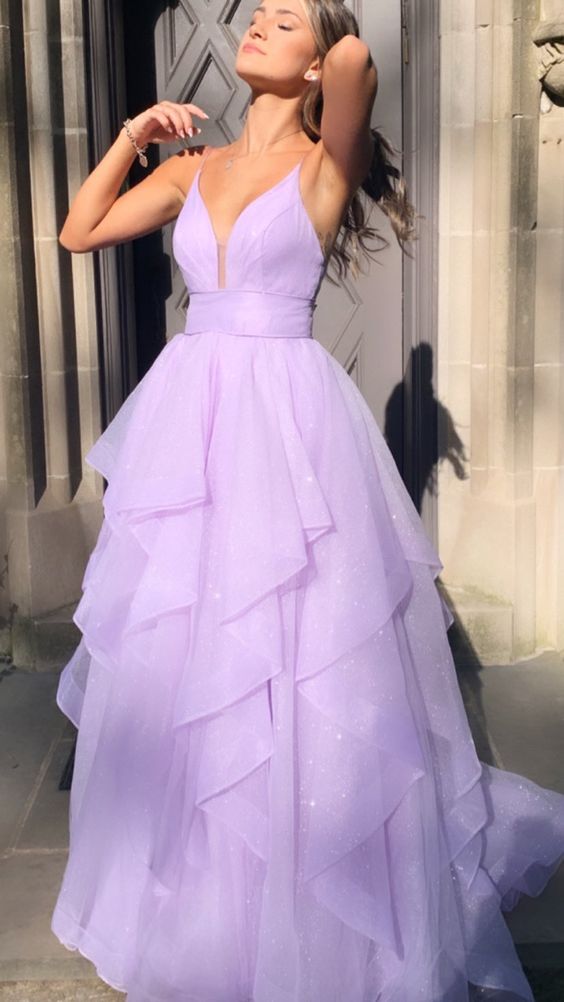 Purple V-Neck Tulle Long Prom Dresses, A-Line Party Evening Dresses fg4765