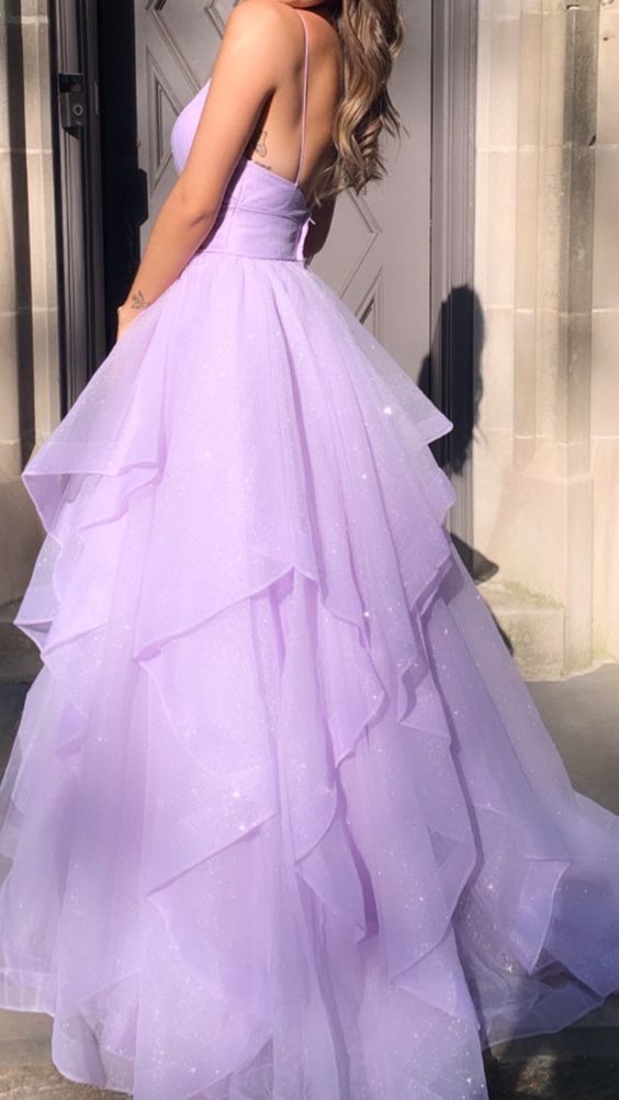 Purple V-Neck Tulle Long Prom Dresses, A-Line Party Evening Dresses fg4765