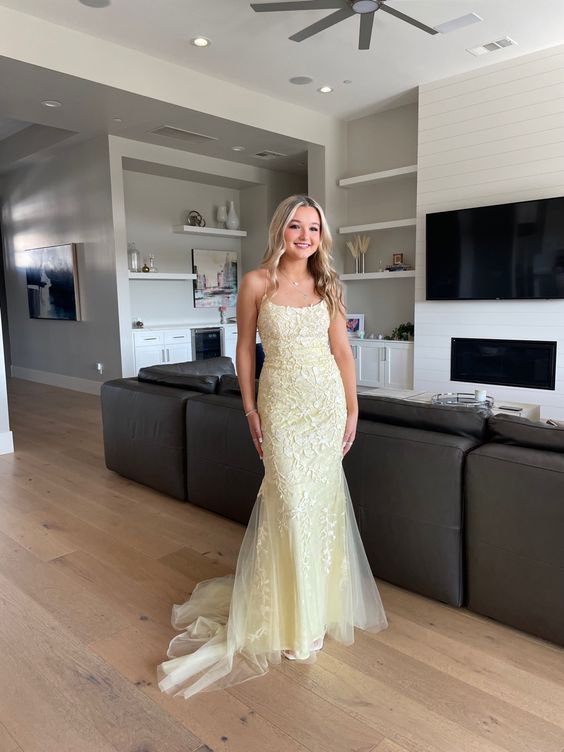 Elegant Yellow Backless Lace Prom Dress,Yellow Formal Gown fg4830