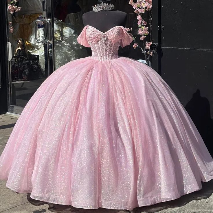 Glitter Pearls Pink Quinceanera Dresses Ball Gowns Sweet 15 16 Birthday Dress fg4882
